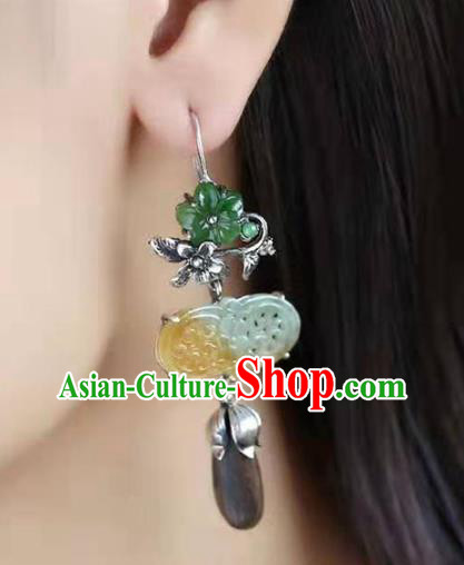 Handmade China Silver Flower Eardrop Jewelry Traditional Cheongsam Eaglewood Accessories National Jade Earrings