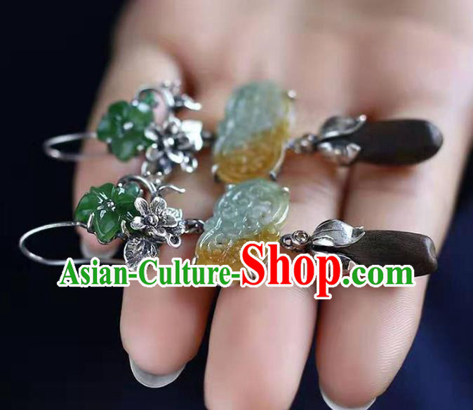 Handmade China Silver Flower Eardrop Jewelry Traditional Cheongsam Eaglewood Accessories National Jade Earrings