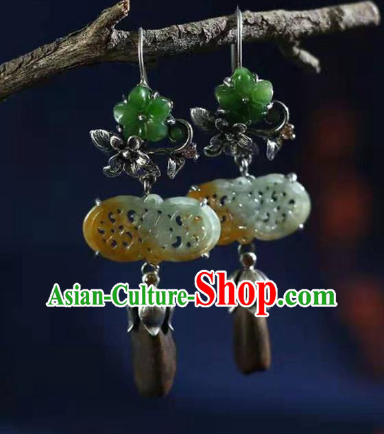 Handmade China Silver Flower Eardrop Jewelry Traditional Cheongsam Eaglewood Accessories National Jade Earrings