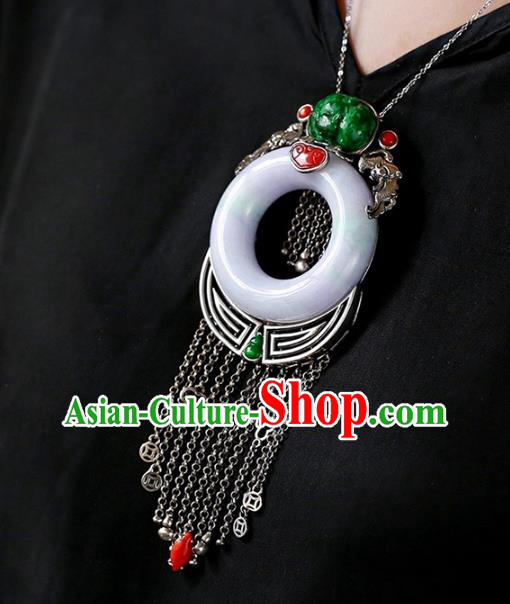 Chinese Handmade Silver Tassel Necklet Pendant National Classical Jade Necklace Accessories