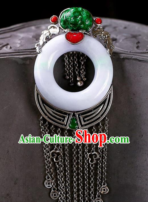Chinese Handmade Silver Tassel Necklet Pendant National Classical Jade Necklace Accessories