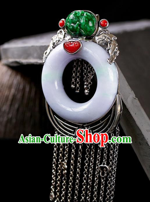 Chinese Handmade Silver Tassel Necklet Pendant National Classical Jade Necklace Accessories