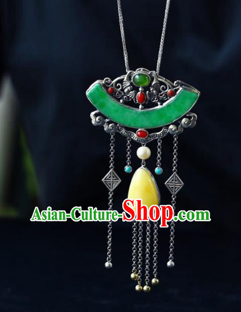 Chinese Classical Beeswax Necklet Pendant Handmade Jade Accessories National Silver Tassel Necklace