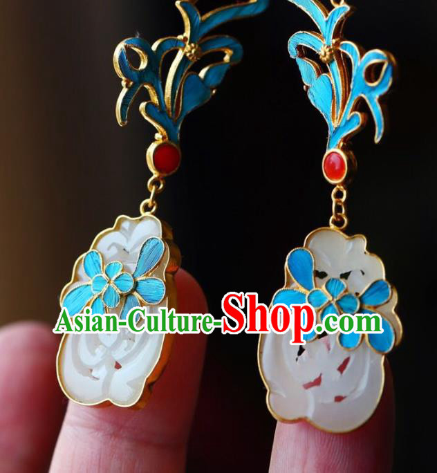 Handmade China White Jade Eardrop Jewelry Traditional Accessories National Cheongsam Orchid Earrings