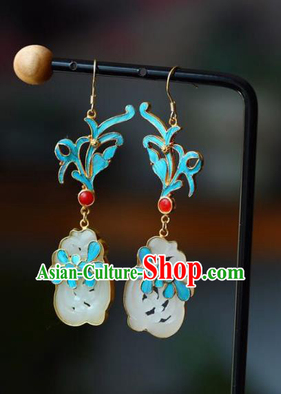Handmade China White Jade Eardrop Jewelry Traditional Accessories National Cheongsam Orchid Earrings