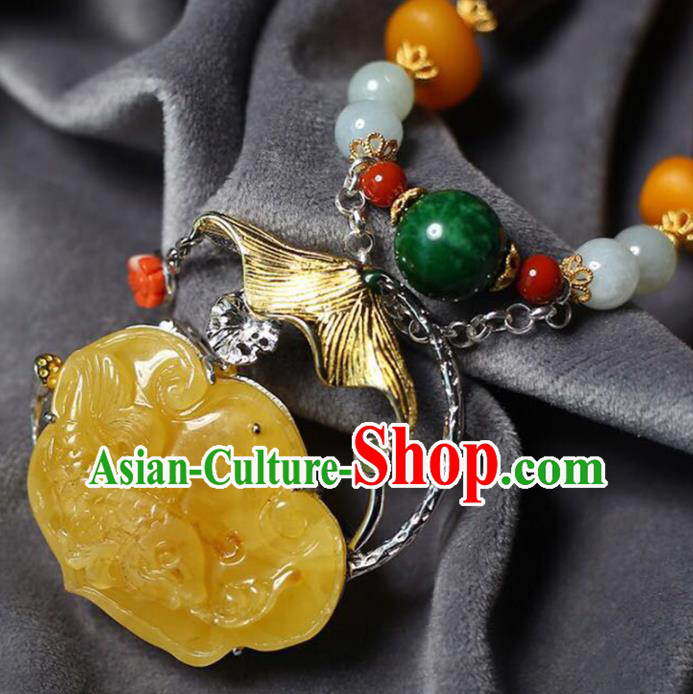 Chinese Classical Beeswax Carving Necklet Pendant Handmade Accessories National Jade Beads Necklace