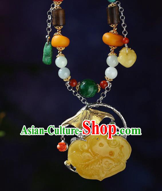 Chinese Classical Beeswax Carving Necklet Pendant Handmade Accessories National Jade Beads Necklace