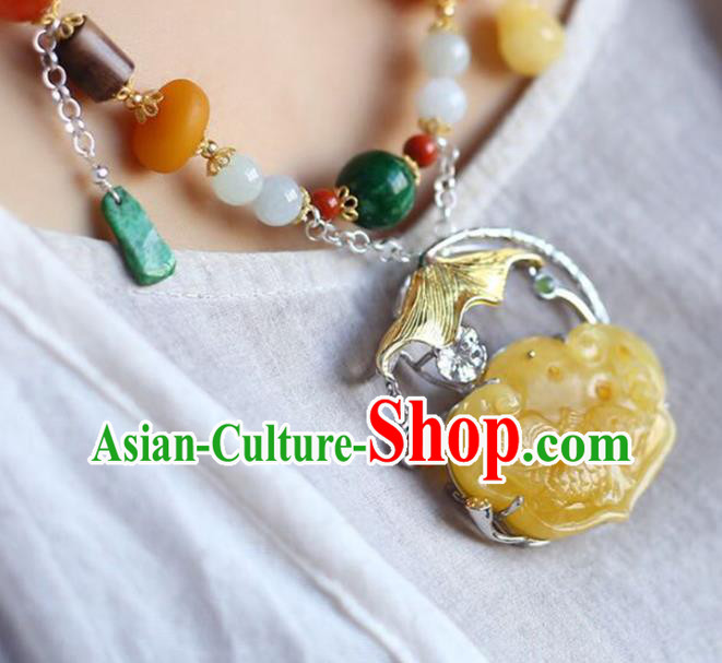 Chinese Classical Beeswax Carving Necklet Pendant Handmade Accessories National Jade Beads Necklace