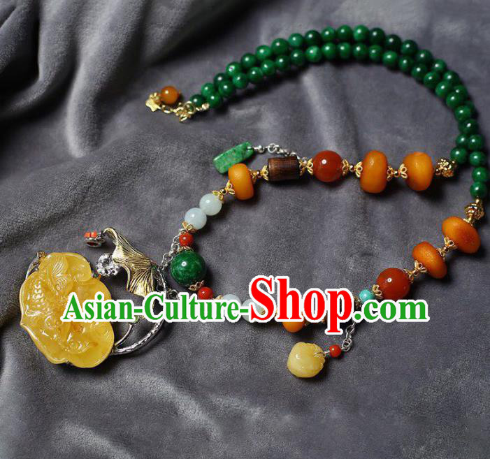 Chinese Classical Beeswax Carving Necklet Pendant Handmade Accessories National Jade Beads Necklace