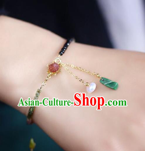 China National Tourmaline Lotus Bangle Traditional Jewelry Accessories Handmade Jadeite Tassel Bracelet