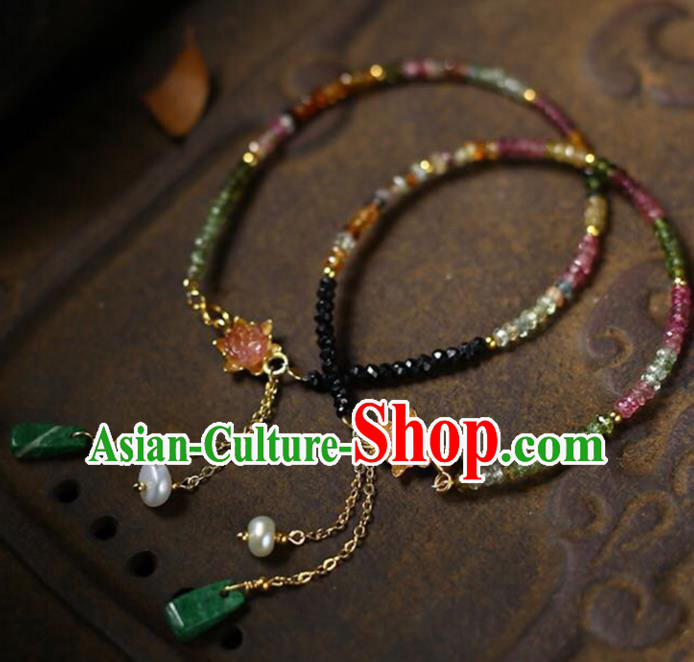 China National Tourmaline Lotus Bangle Traditional Jewelry Accessories Handmade Jadeite Tassel Bracelet
