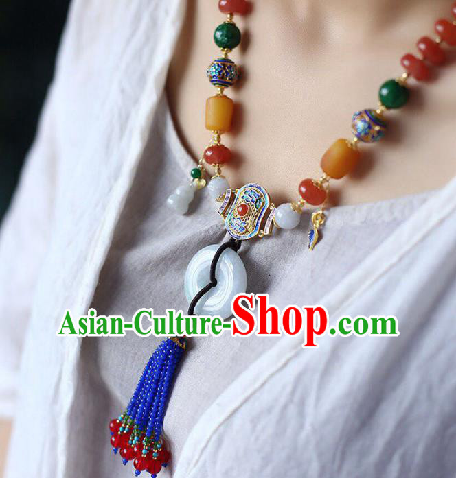 Chinese Classical Agate Necklet Pendant Handmade Jade Accessories National Blue Beads Tassel Necklace