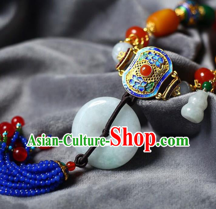 Chinese Classical Agate Necklet Pendant Handmade Jade Accessories National Blue Beads Tassel Necklace