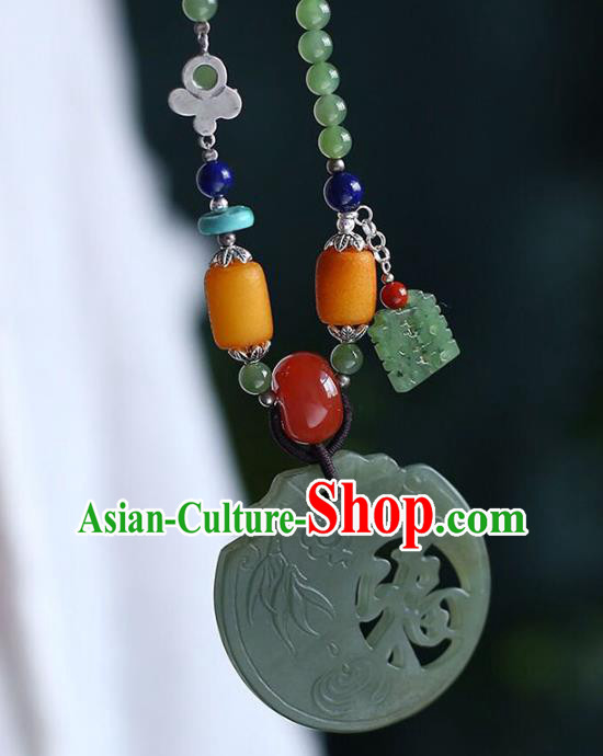 Chinese Classical Jade Beads Necklet Pendant Handmade Beeswax Accessories National Wedding Necklace