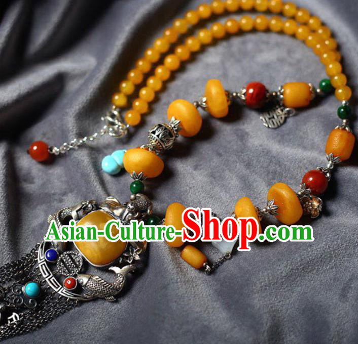 Chinese Classical Silver Carving Fish Necklet Pendant Handmade Beeswax Accessories National Tassel Necklace