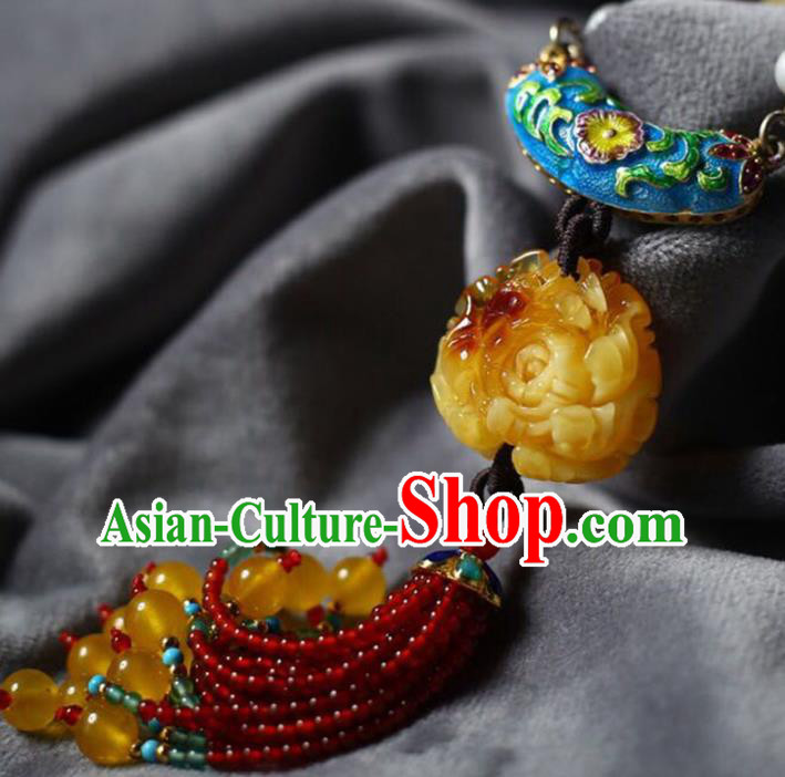 Chinese Classical Cloisonne Necklet Pendant Handmade Beeswax Accessories National Garnet Beads Tassel Necklace
