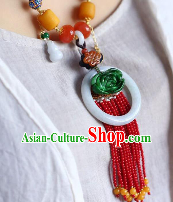 Chinese Classical Garnet Beads Tassel Necklet Pendant Handmade Jadeite Accessories National Necklace