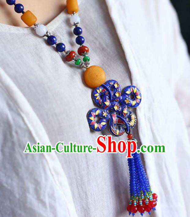 Chinese Classical Lapis Beads Tassel Necklet Pendant Handmade Accessories National Cloisonne Necklace
