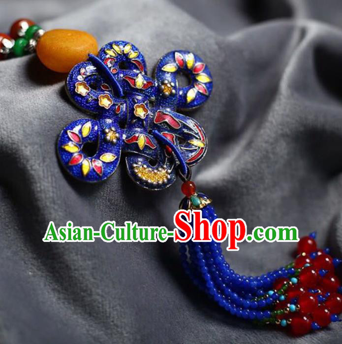 Chinese Classical Lapis Beads Tassel Necklet Pendant Handmade Accessories National Cloisonne Necklace