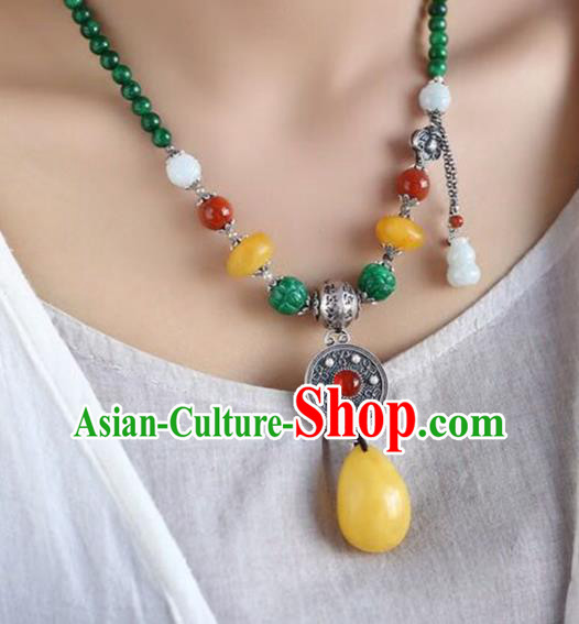 Chinese Classical Beeswax Necklet Pendant Handmade Silver Accessories National Jadeite Beads Necklace