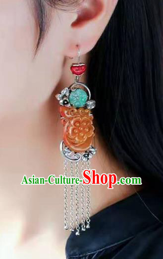 Handmade China National Earrings Traditional Silver Jewelry Accessories Cheongsam Yellow Jade Eardrop