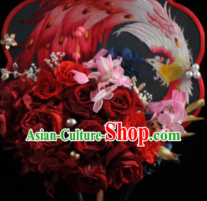 China Embroidered Phoenix Palace Fan Traditional Silk Fan Handmade Red Rose Wedding Fan