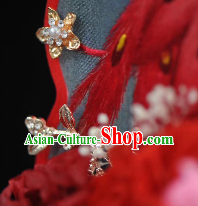 China Embroidered Phoenix Palace Fan Traditional Silk Fan Handmade Red Rose Wedding Fan