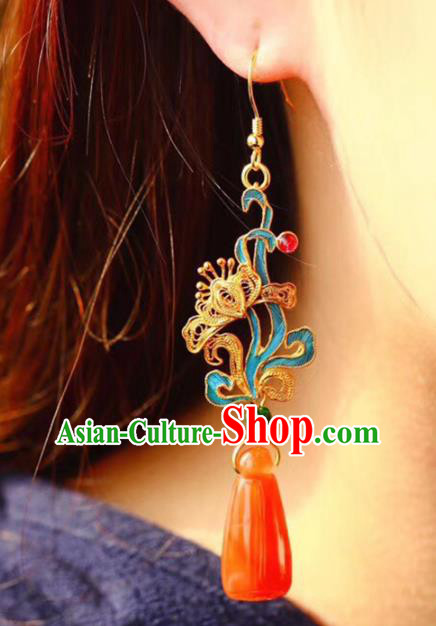 Handmade China Wedding Agate Eardrop Jewelry Traditional Cheongsam Accessories National Filigree Butterfly Earrings