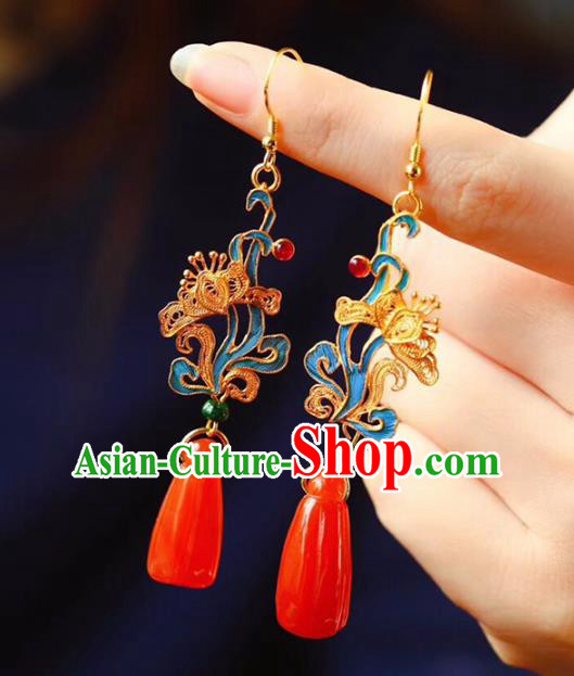 Handmade China Wedding Agate Eardrop Jewelry Traditional Cheongsam Accessories National Filigree Butterfly Earrings
