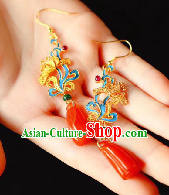 Handmade China Wedding Agate Eardrop Jewelry Traditional Cheongsam Accessories National Filigree Butterfly Earrings