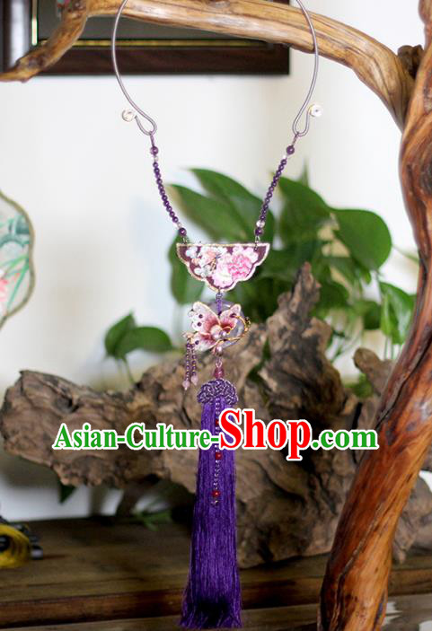 Chinese Classical Embroidered Butterfly Necklet Pendant Handmade Accessories National Purple Tassel Necklace