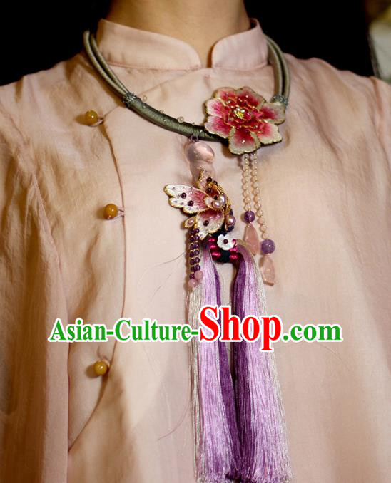 Chinese Classical Embroidered Peony Tassel Necklet Pendant Handmade Accessories National Silver Necklace