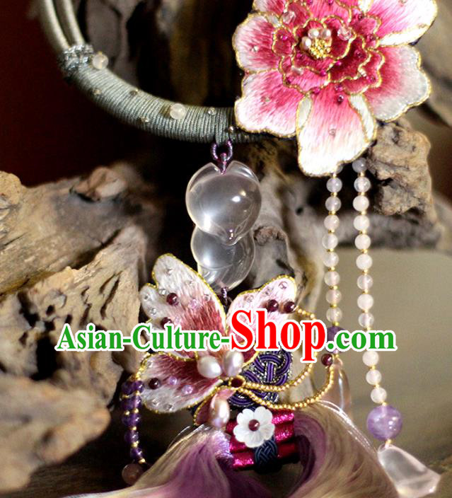 Chinese Classical Embroidered Peony Tassel Necklet Pendant Handmade Accessories National Silver Necklace
