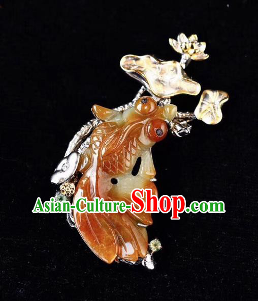 Chinese National Yellow Jade Goldfish Brooch Jewelry Traditional Handmade Silver Lotus Accessories