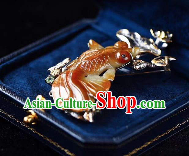 Chinese National Yellow Jade Goldfish Brooch Jewelry Traditional Handmade Silver Lotus Accessories