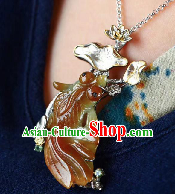 Chinese National Yellow Jade Goldfish Brooch Jewelry Traditional Handmade Silver Lotus Accessories