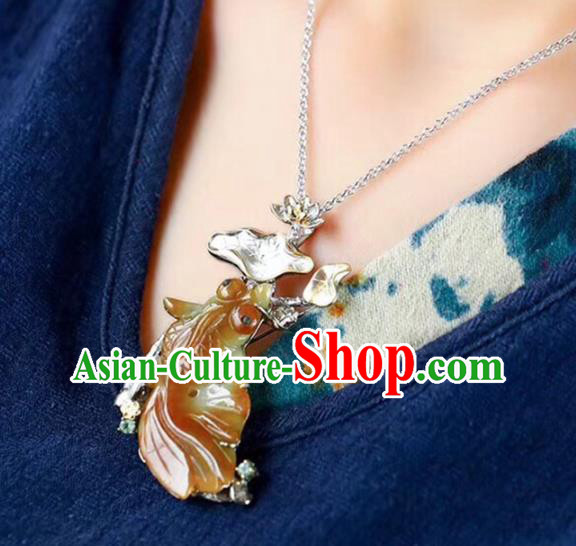 Chinese National Yellow Jade Goldfish Brooch Jewelry Traditional Handmade Silver Lotus Accessories