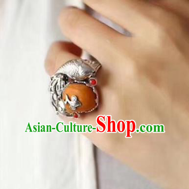 Chinese National Beeswax Ring Jewelry Traditional Handmade Silver Fish Circlet Accessories