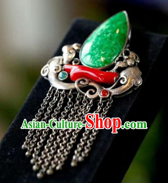 Chinese Classical Silver Tassel Necklet Jade Pendant Handmade National Topaz Rose Necklace Accessories