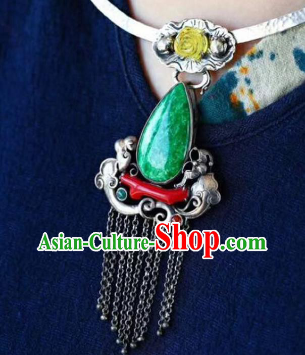 Chinese Classical Silver Tassel Necklet Jade Pendant Handmade National Topaz Rose Necklace Accessories