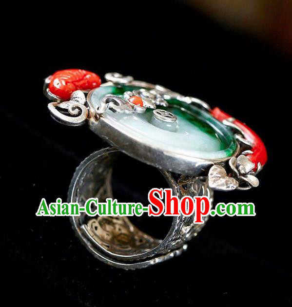 Chinese Traditional Handmade Jadeite Accessories Silver Ring National Circlet Jewelry