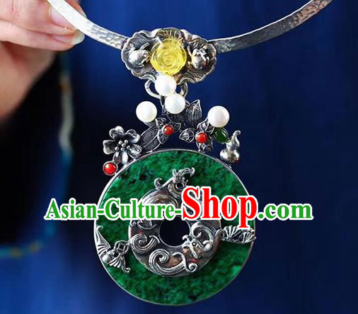 Chinese Classical Jadeite Necklet Pendant Handmade National Topaz Necklace Silver Bat Accessories