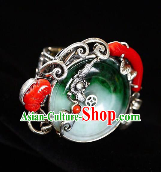 Chinese Traditional Handmade Jadeite Accessories Silver Ring National Circlet Jewelry