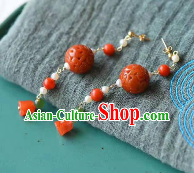 Handmade China National Agate Earrings Traditional Pearls Accessories Cheongsam Eardrop Jewelry