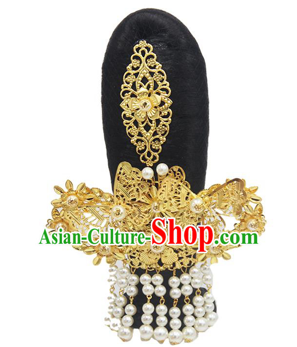Chinese Traditional Flying Apsaras Wigs Classical Dance Hair Chignon and Tassel Golden Hair Crown