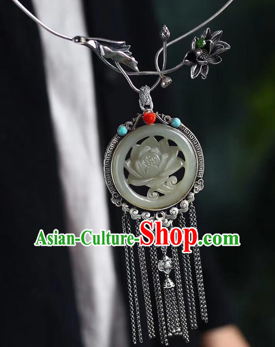 Chinese Classical Silver Tassel Necklet Pendant Handmade Accessories National Jade Carving Lotus Necklace