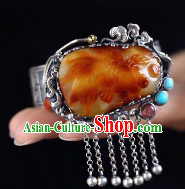 China Handmade Beeswax Carving Goldfish Bracelet Traditional Jewelry Accessories National Silver Tassel Bangle