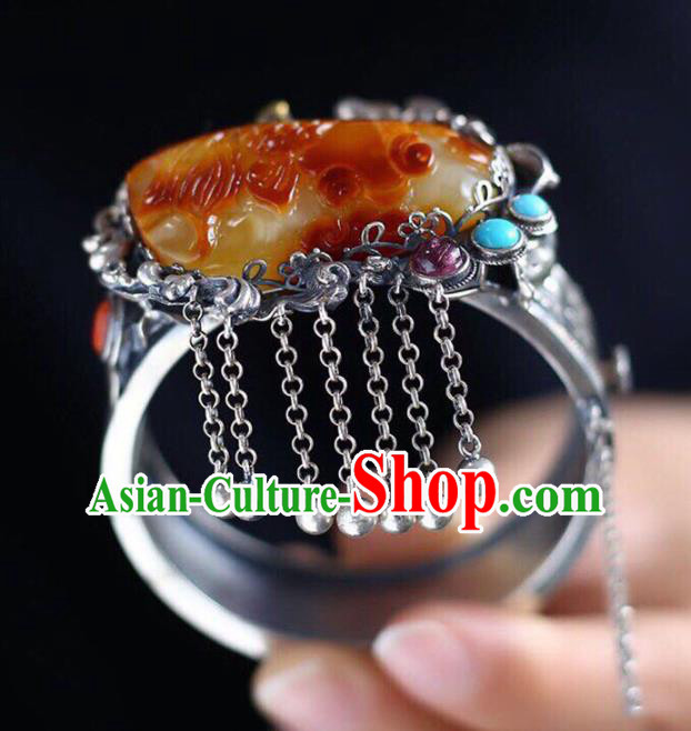 China Handmade Beeswax Carving Goldfish Bracelet Traditional Jewelry Accessories National Silver Tassel Bangle