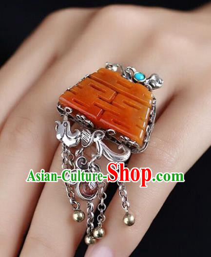 Chinese National Wedding Circlet Jewelry Traditional Handmade Jade Accessories Silver Tassel Ring