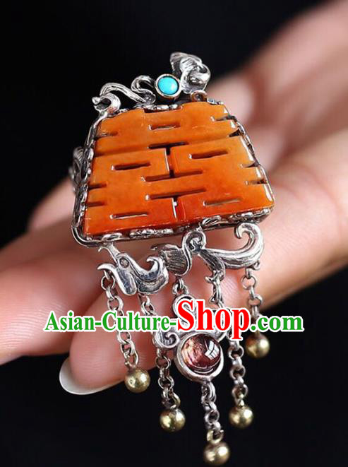 Chinese National Wedding Circlet Jewelry Traditional Handmade Jade Accessories Silver Tassel Ring